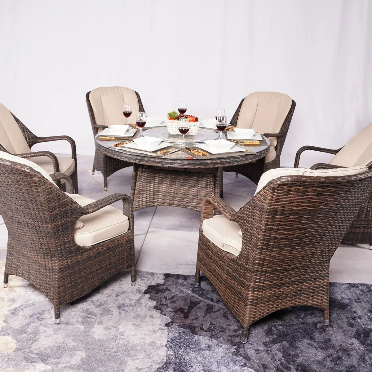 Ensemble de salle à manger rond de jardin en rotin tressé, 7 pièces, avec coussins, par Moda Furnishings