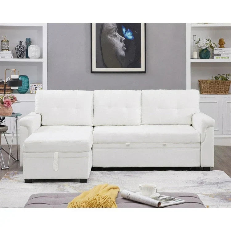 Umwandelbares, beidseitig montierbares Ecksofa mit ausziehbarem Schlafbett, verstecktem Stauraum in der Recamiere und robusten Beinen
