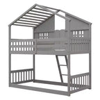 Twin Size House-Shaped Loft Bed, Wood Playhouse Loft Bed with Ladder & Guardrails for Kids