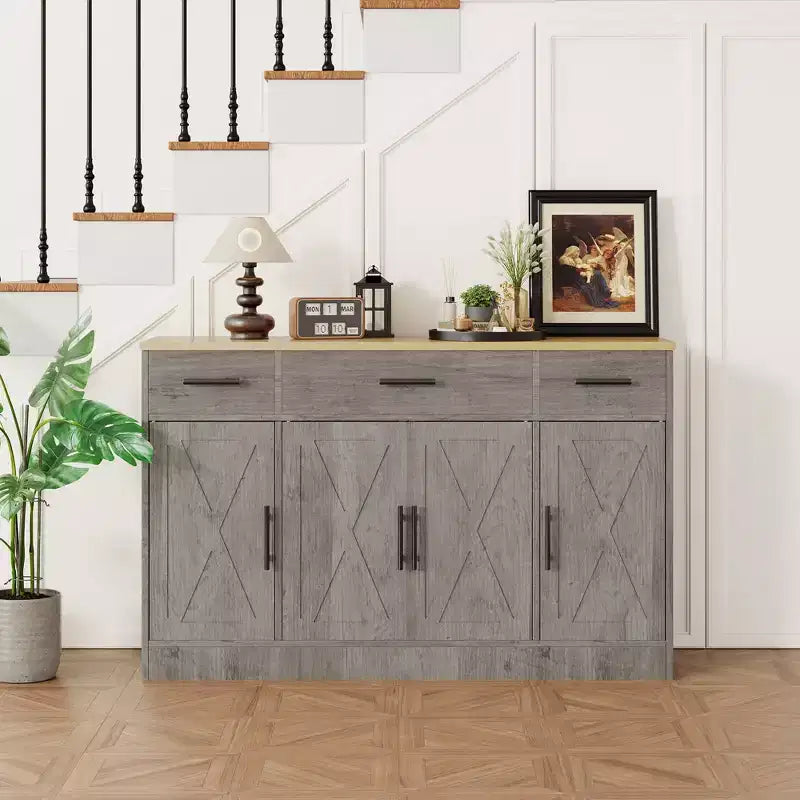 Buffet de rangement Celebalcony, grand meuble de cuisine de 53,4 pouces avec 3 tiroirs et 4 portes, étagère réglable pour la cuisine et le salon