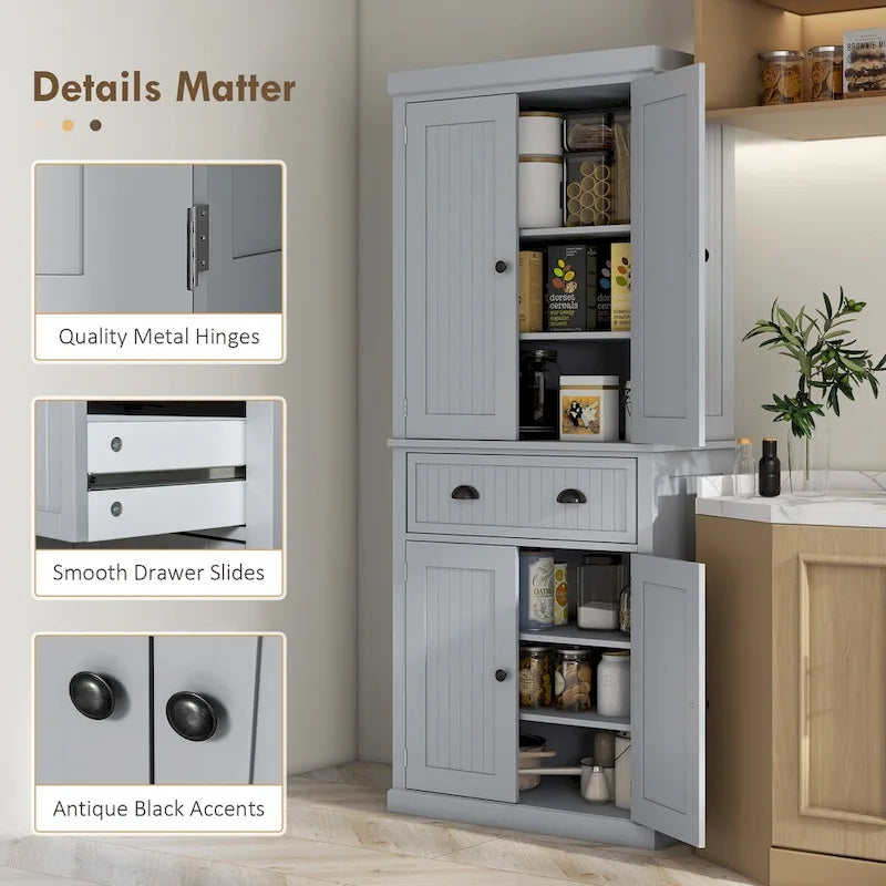 Armoire de rangement de garde-manger de cuisine de 72 pouces, armoire traditionnelle autoportante avec 4 portes et 3 étagères réglables, grand tiroir central