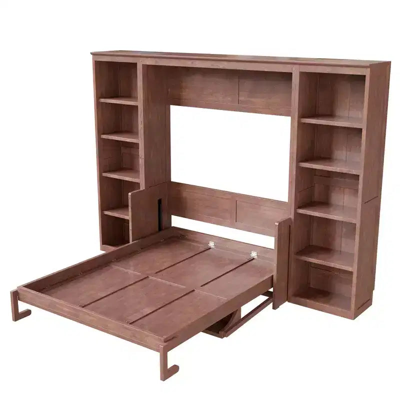Murphy-Bett in Full-/Queen-Größe, platzsparendes Wandbett mit Schreibtisch und Bücherregal, Dunkelbraun – ModernLuxe