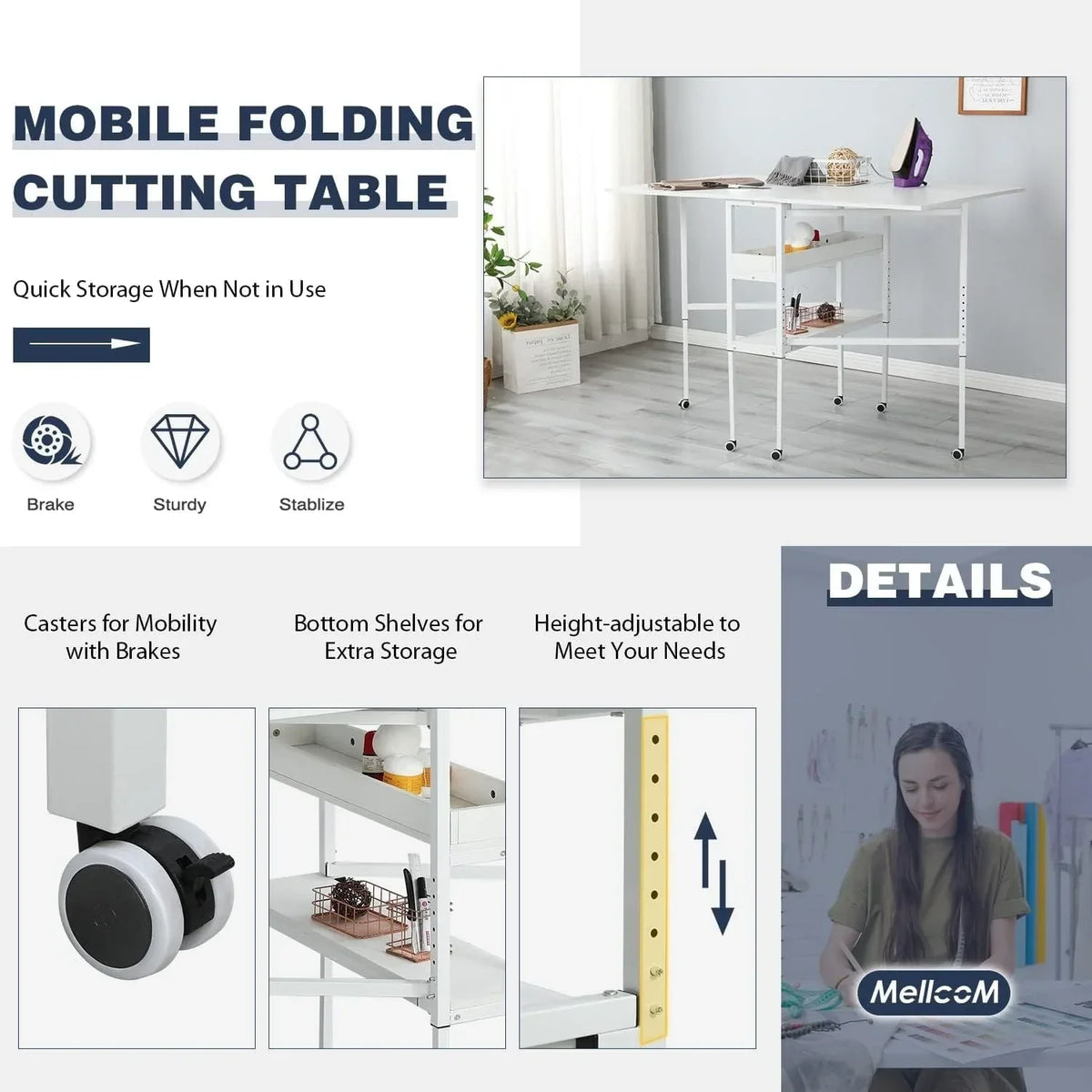 Table de bricolage réglable en hauteur avec étagères de rangement, table de découpe pliante mobile pour bureau à domicile, salle de couture ou atelier créatif