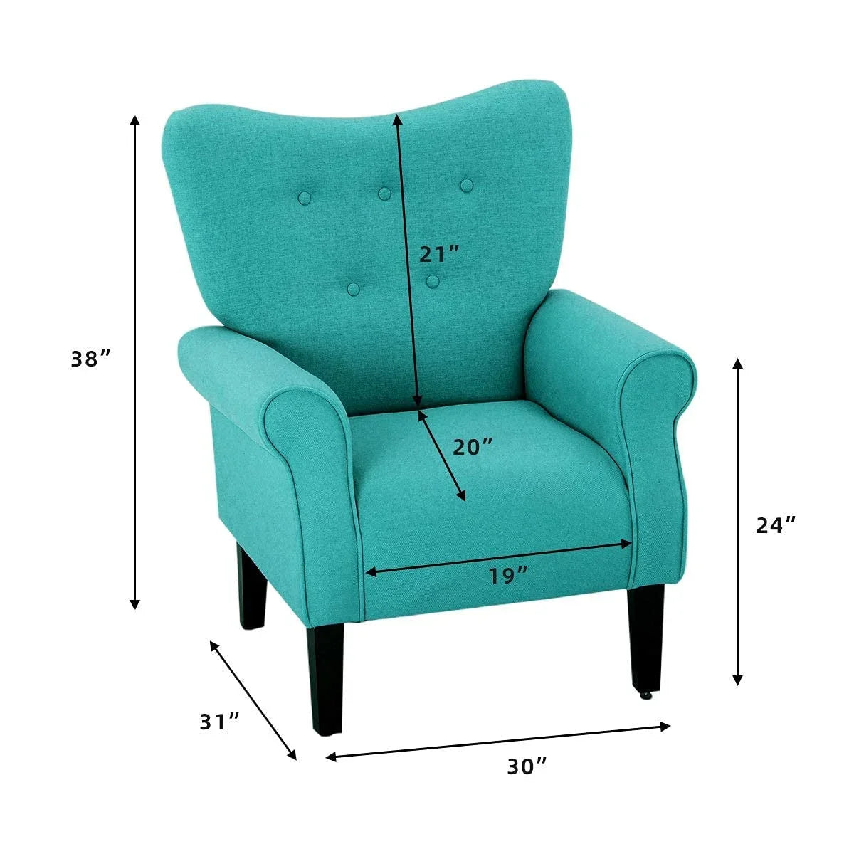 Erommy moderne accentstoel, fauteuil met hoge rugleuning, gestoffeerde stoffen fauteuil met knopen en houten poten voor de woonkamer