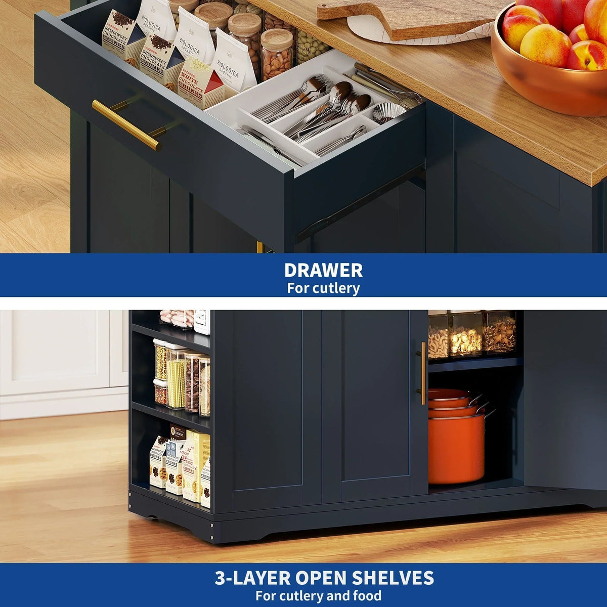 Îlot de cuisine roulant Moasis de 53 pouces, meuble de rangement, chariot de cuisine portable et mobile