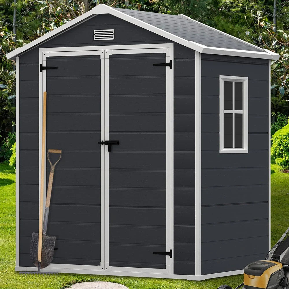 Opslagschuur van 6 ft x 4 ft/6 ft x 8 ft/8 ft x 6 ft/8 ft x 10 ft, weerbestendig kunststofhars voor buiten met vloer, gereedschapsschuur met puntdak