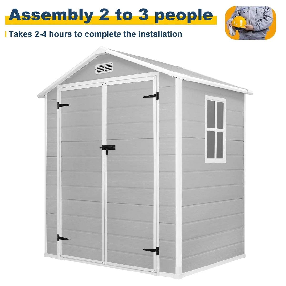 Opslagschuur van 6 ft x 4 ft/6 ft x 8 ft/8 ft x 6 ft/8 ft x 10 ft, weerbestendig kunststofhars voor buiten met vloer, gereedschapsschuur met puntdak