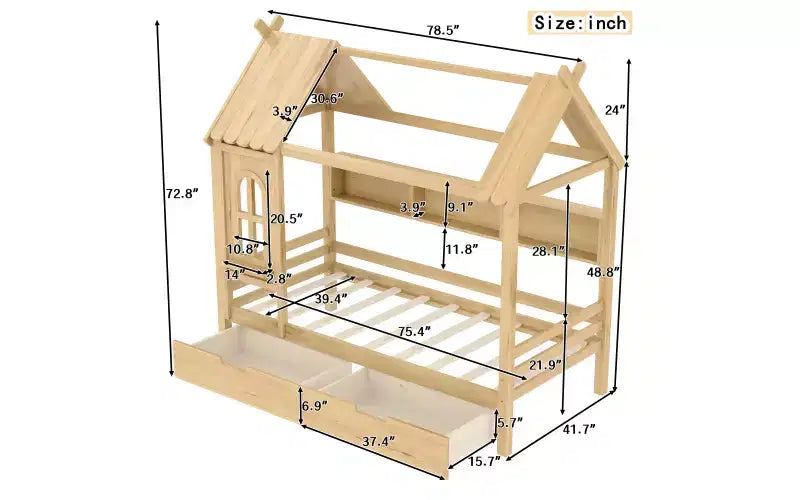 Lit plateforme en forme de maison avec tiroirs de rangement et fenêtre, cadre en bois massif avec étagères, design ludique pour enfant, blanc clair