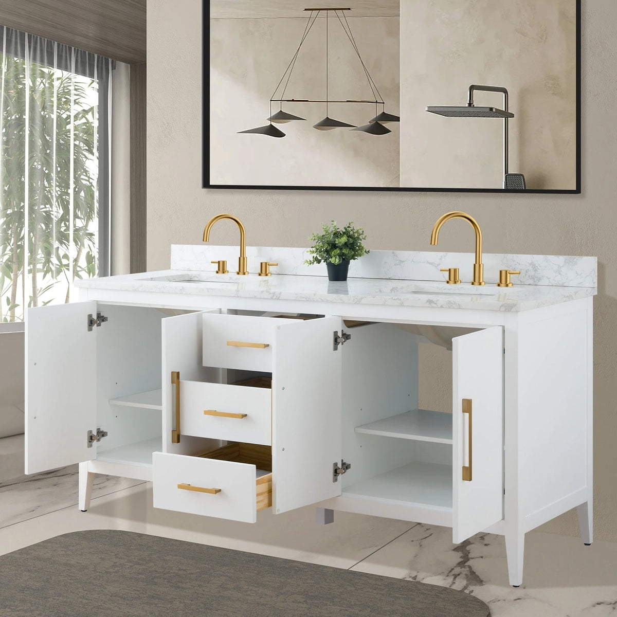 Vanity Art 72 badkamermeubel met dubbele wastafel en blad van composietmarmer
