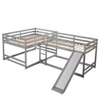 L-vormig stapelbed voor 4 kinderen, vierpersoons stapelbed met glijbaan, houten stapelbedframe met full- en twinbed voor slaapkamer of slaapzaal