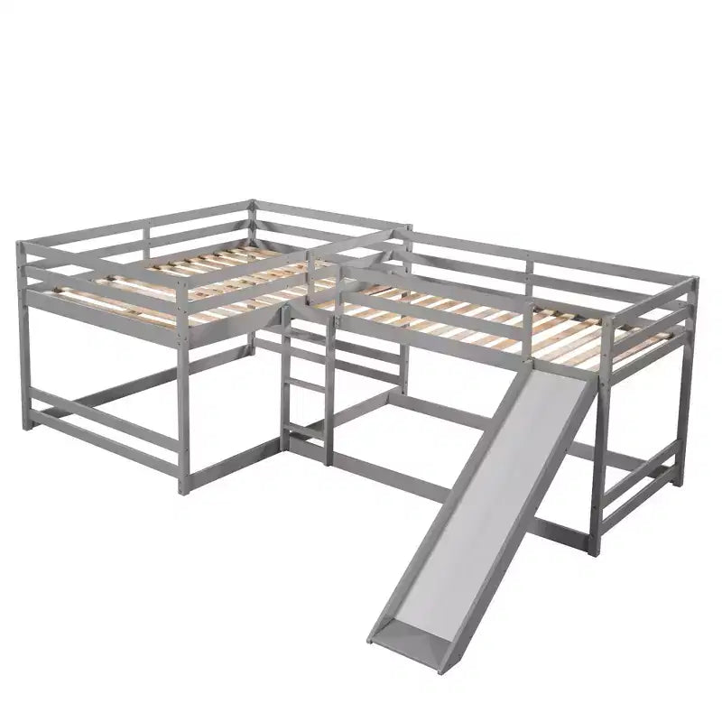 L-vormig stapelbed voor 4 kinderen, vierpersoons stapelbed met glijbaan, houten stapelbedframe met full- en twinbed voor slaapkamer of slaapzaal