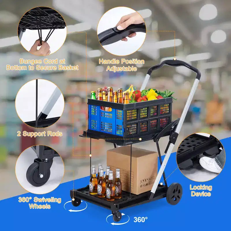 Chariots de courses pliants à 2 niveaux pour provisions, capacité de 198 lb, chariot à provisions pliable et portable avec roues et caisse amovible pour centre commercial et marché, bleu