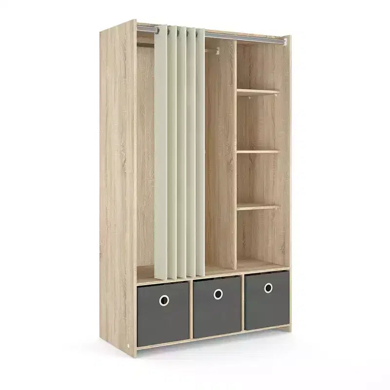 Tvilum, Lola-kledingkast met 3 vakken en gordijn, eikenhouten structuur/natuurlijke stof/grijze textielbekleding