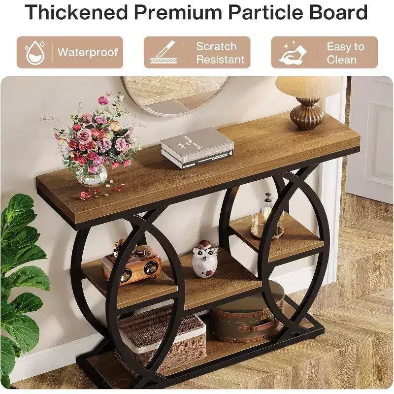 Lantine consoletafel van 39,4 inch, industriële banktafel met 4 niveaus voor entree, opbergplanken en metalen frame voor kleine ruimtes, gang, hal, bruin