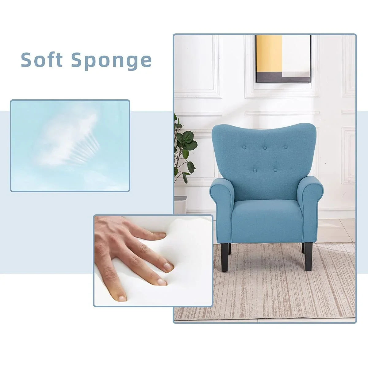 Erommy moderne accentstoel, fauteuil met hoge rugleuning, gestoffeerde stoffen fauteuil met knopen en houten poten voor de woonkamer