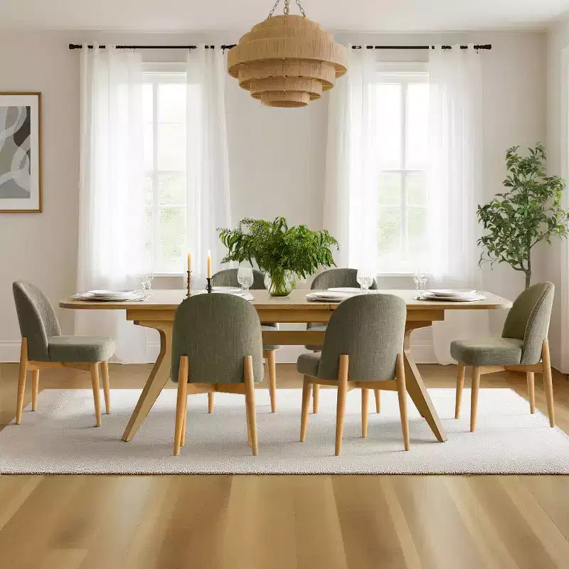 7-delige eetkamerset, uitschuifbare tafel van 78-96 inch met schraagonderstel en gestoffeerde stoelen met poten van massief hout-Panipeachy