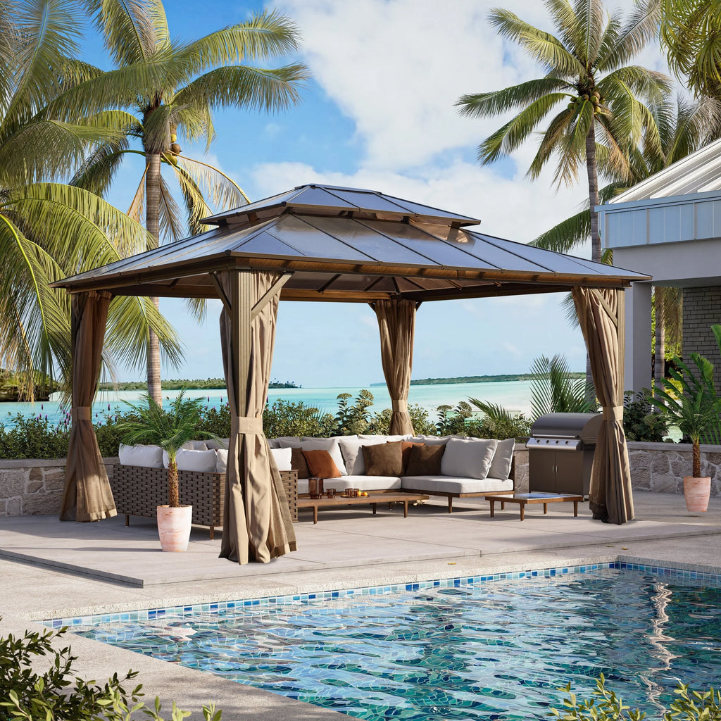 EROMMY Pavillon mit festem Dach, Outdoor-Pergola mit Doppeldach, Netzvorhängen und Vorhängen, robustes Vordach für Terrasse, Garten und Poolpartys