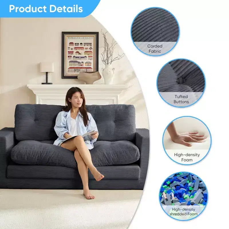 Mjkone 71' 2-in-1 slaapbank, opvouwbare loveseat met geribde stof en knopen, ruimtebesparend
