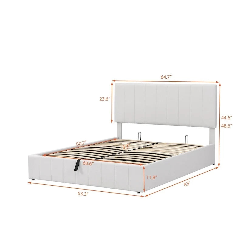 Lit plateforme queen-size rembourré avec système de rangement hydraulique - beige