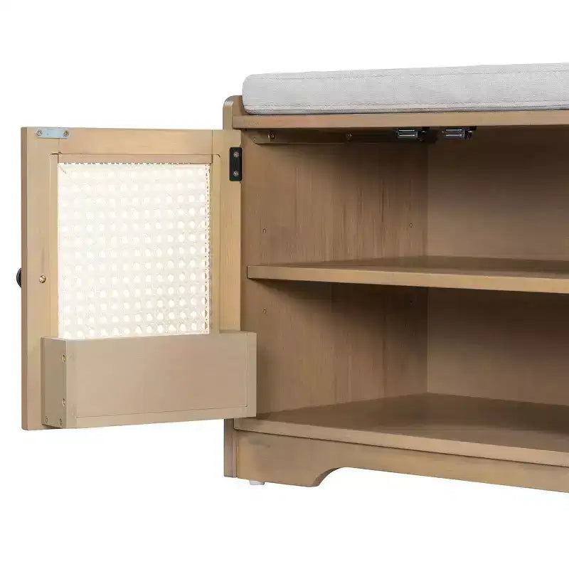 Banc de rangement rustique en bois Whisen, banc à chaussures pour entrée avec coussin amovible et étagères réglables