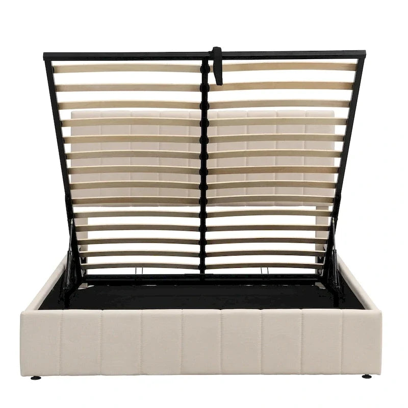 Lit plateforme queen-size rembourré avec système de rangement hydraulique - beige