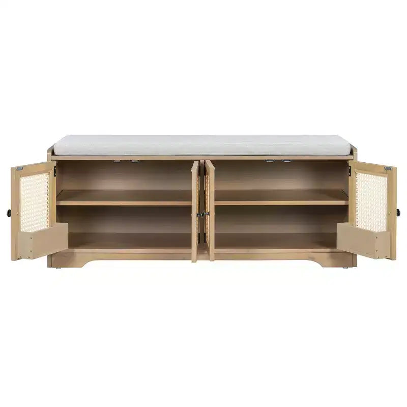 Banc de rangement rustique en bois Whisen, banc à chaussures pour entrée avec coussin amovible et étagères réglables