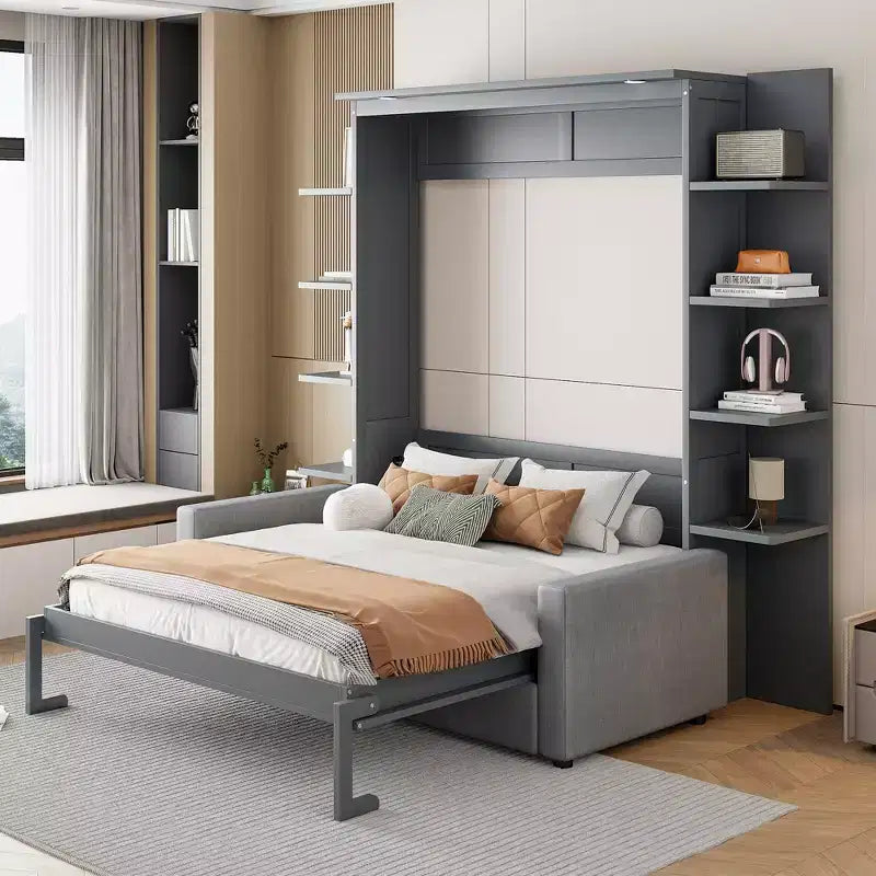 Lit escamotable mural queen size avec canapé, lit armoire pliant queen size avec bibliothèque et étagères pour chambre d’amis ou bureau