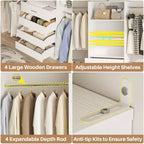 Besiost Holz-Kleiderschrank-Organizersystem für 1,2–2,7 m mit 4 Schubladen, 4 Kleiderstangen und Regaltürmen