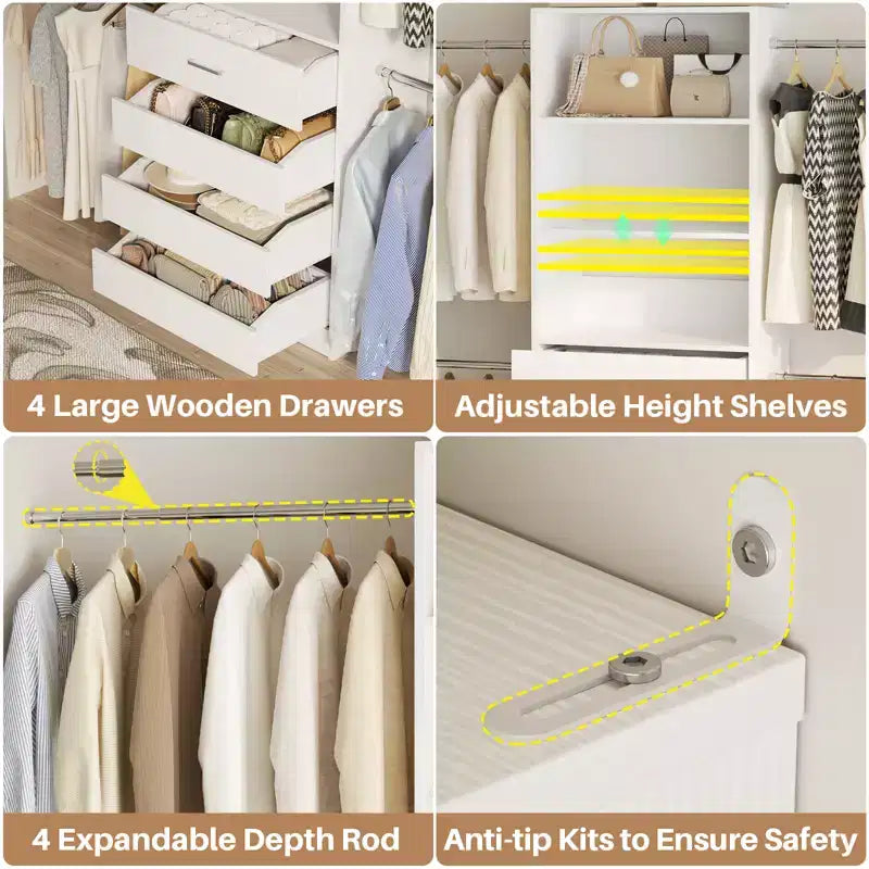 Besiost Holz-Kleiderschrank-Organizersystem für 1,2–2,7 m mit 4 Schubladen, 4 Kleiderstangen und Regaltürmen