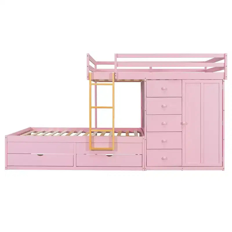 Lit superposé deux places sur deux places avec armoire de rangement et tiroirs, lit superposé en bois deux places gain de place avec barrière de sécurité pour appartement et chambre