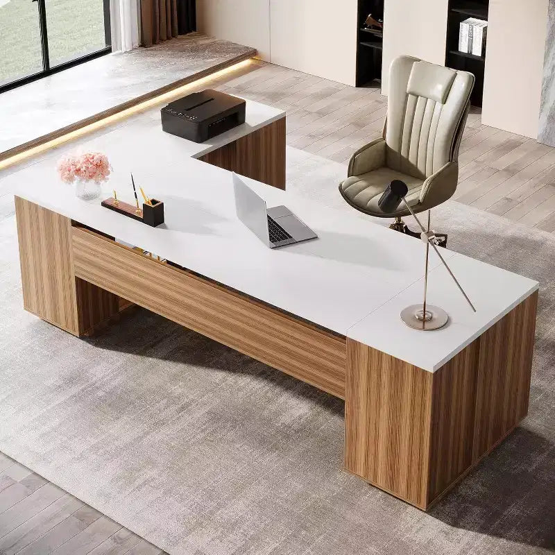 Grand bureau de direction en L Lantine 85.8, bureau d’ordinateur extra-large avec tiroirs pour dossiers, pour bureau à domicile