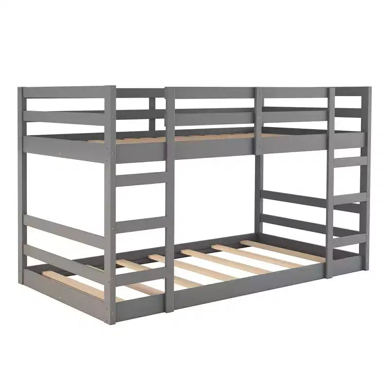 Lit superposé bas, lit superposé en bois au ras du sol avec échelle, lit superposé avec barrières de sécurité complètes