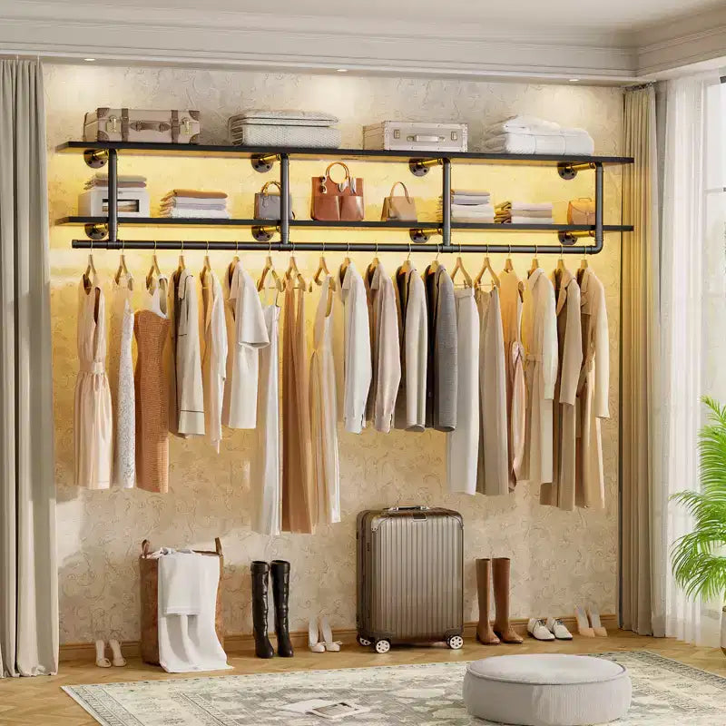 Portant à vêtements Besiost à 2 niveaux avec tringle, étagères à vêtements et étagère supérieure