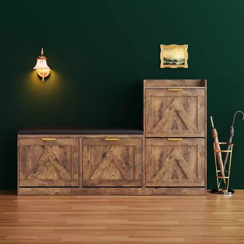 Landelijke schoenenkast met bank, schoenenopberger voor de hal met 4 klepdeuren en comfortabele gewatteerde zitting, vrijstaande schoenenrekbank