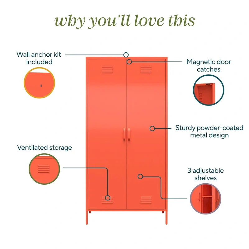 Casier de rangement haut en métal à 2 portes, orange/rose, pour 1 personne