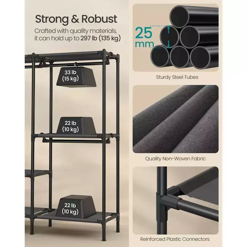 Portant à vêtements SONGMICS, armoire-organisateur robuste avec tringles et étagères, charge totale de 297 lb, montage facile, noir encre