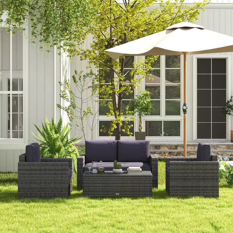 4-teiliges Rattan-Sofaset, Korbsofaset für die Terrasse mit Zweiersofa, Sesseln und Couchtisch mit Glasplatte für Garten und Außenbereich