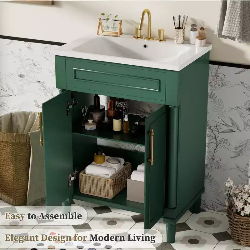 24-Zoll-Badezimmerunterschrank mit Keramikwaschbecken, Shaker-Schrank, 2 Türen mit Soft-Close-Funktion und Rahmen aus Massivholz für kleine Badezimmer oder Gäste-WCs