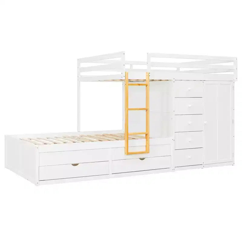 Lit superposé deux places sur deux places avec armoire de rangement et tiroirs, lit superposé en bois deux places gain de place avec barrière de sécurité pour appartement et chambre
