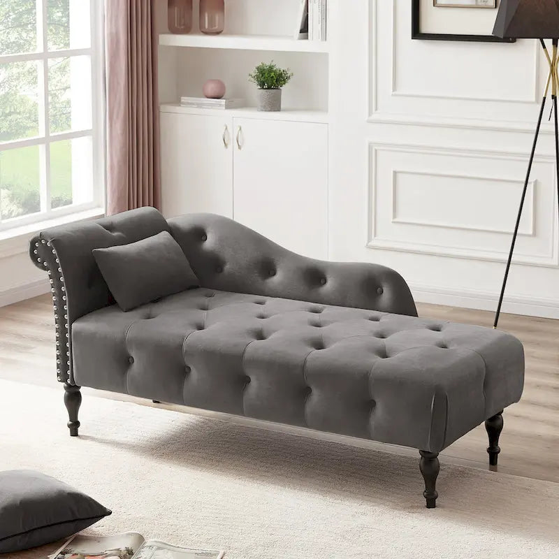 Chaise longue moderne de 60,6 po, capitonnée en velours avec boutons, pieds en bois massif et clous décoratifs