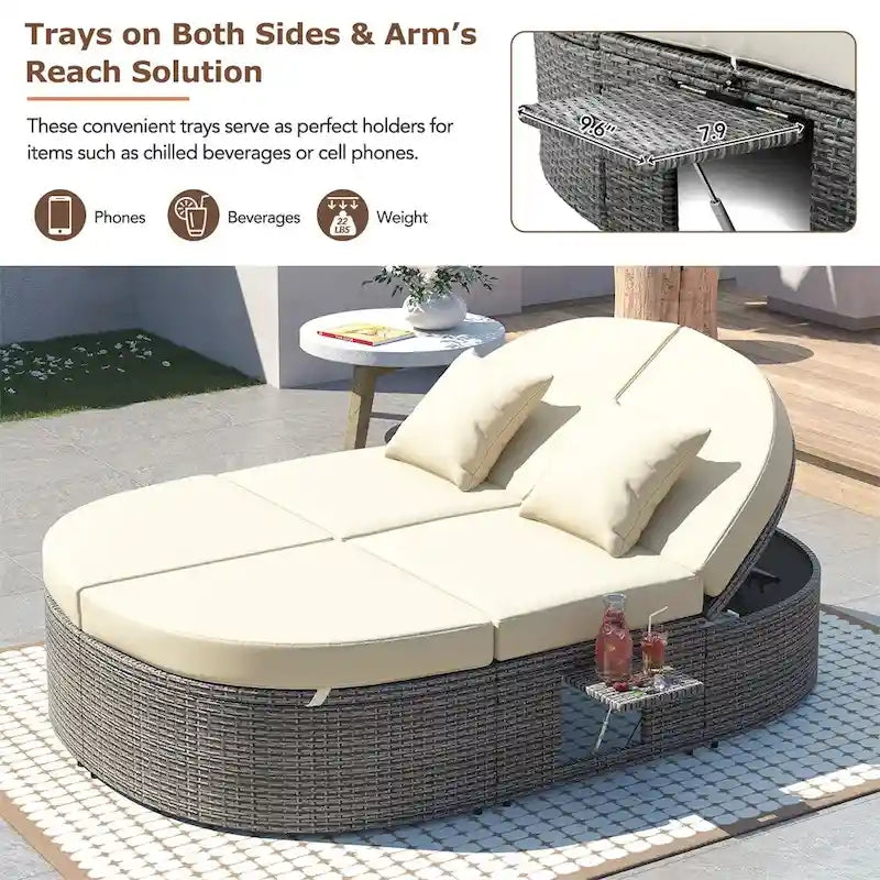 Outdoor-Sonnenliege für die Terrasse, 2-Personen-Tagesbett mit Polstern und Kissen