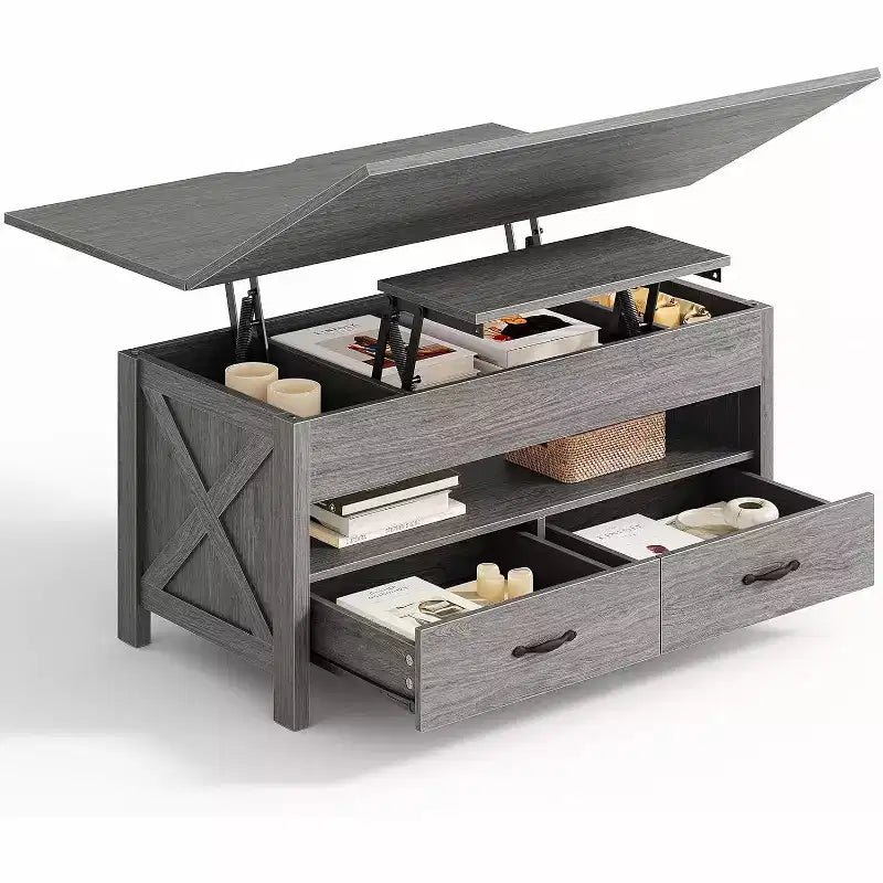 Salontafel met opklapbaar blad en opbergruimte, salontafel in landelijke stijl met twee laden voor de woonkamer en het thuiskantoor