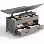Salontafel met opklapbaar blad en opbergruimte, salontafel in landelijke stijl met twee laden voor de woonkamer en het thuiskantoor