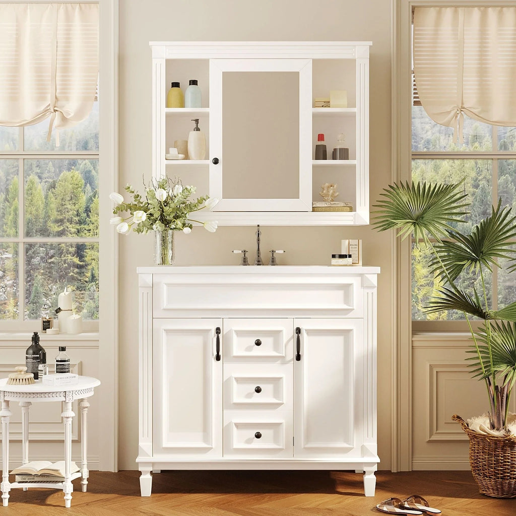 Meuble-lavabo moderne de salle de bains de 36 po avec vasque sur plan, armoire à miroir, 2 portes et 2 tiroirs