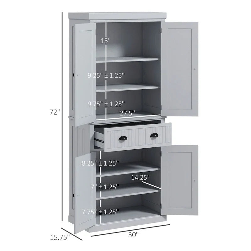 Armoire de rangement de garde-manger de cuisine de 72 pouces, armoire traditionnelle autoportante avec 4 portes et 3 étagères réglables, grand tiroir central