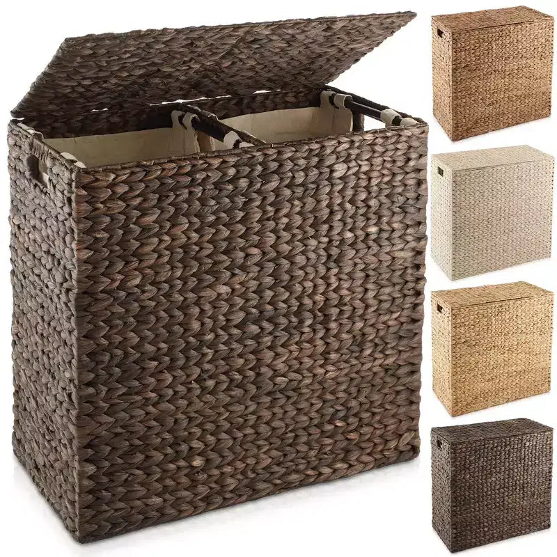 Panier à linge Casafield à 2 compartiments avec couvercle et sacs doublures amovibles, trieur de linge tressé en jacinthe d’eau pour vêtements