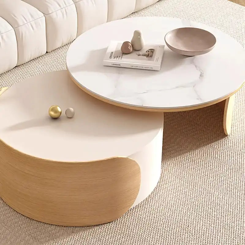 Moderne ronde salontafel, stenen tafelblad, natuurlijk hout - 50 x 31,5