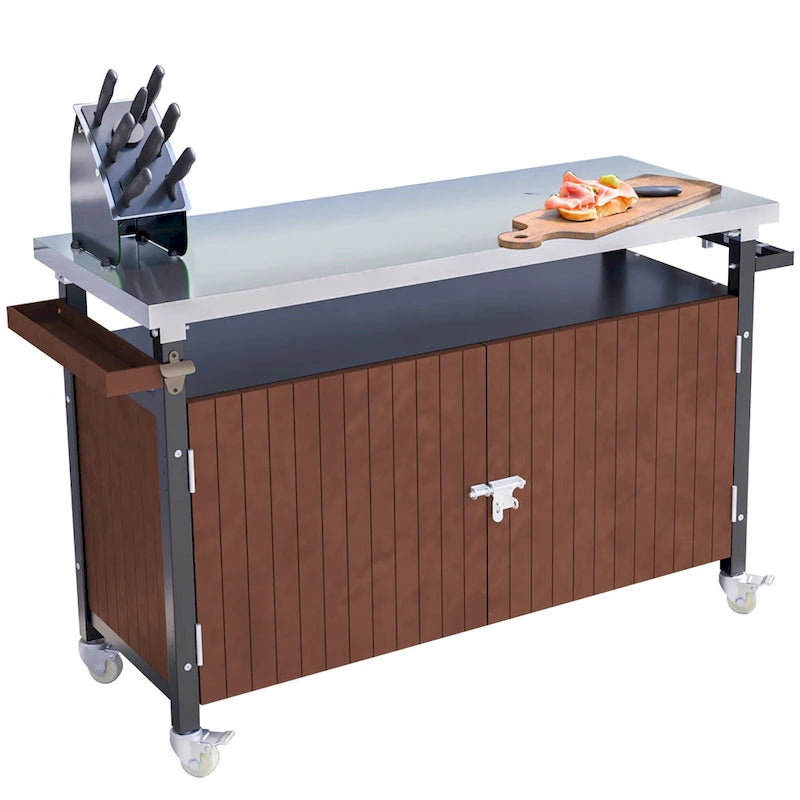 Grillwagen für den Außenbereich mit Tischplatte aus Edelstahl (Hocker nicht enthalten)