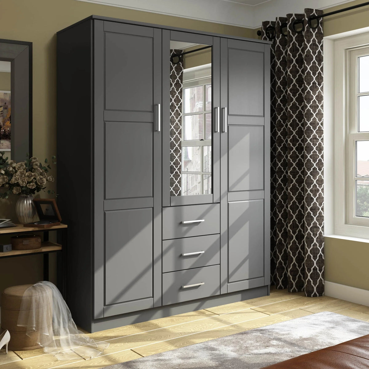 Palace Imports Cosmo 3-türiger Kleiderschrank aus 100 % Massivholz mit Türen aus Massivholz oder Spiegelglas
