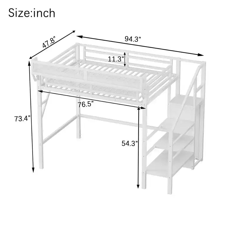Okak 94-Zoll-Hochbett in Twin-Größe mit Kleiderschrank, Twin-Bett mit Ablagefächern und Korb, Bettgestell für Schlafzimmer und Wohnheim